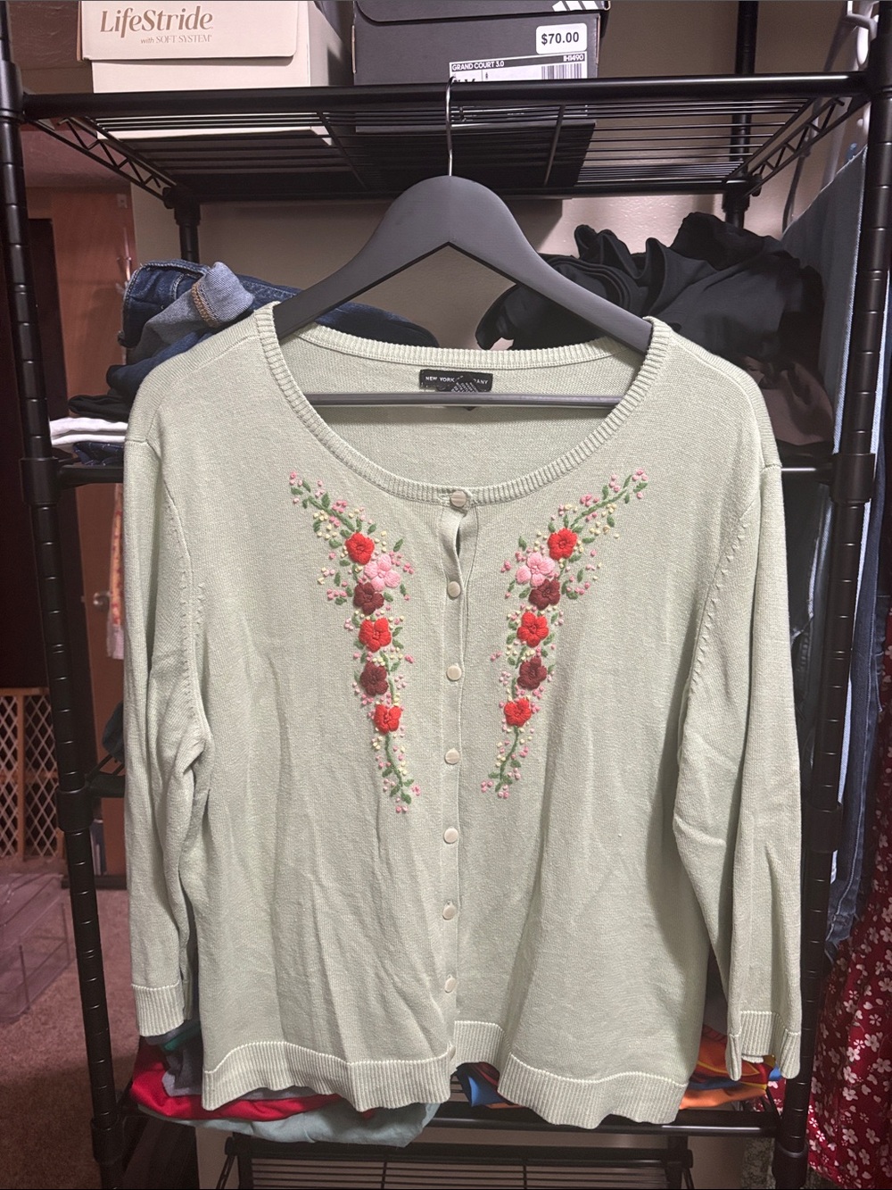 New York & Company Sage Green Embroidered Button-Front Cardigan